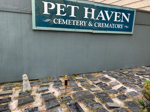 [Photograph of a sign for "Pet Haven Cemetery
& Crematory" over a patch of dirt in which are embedded many black stones
memorializing deceased pets.]