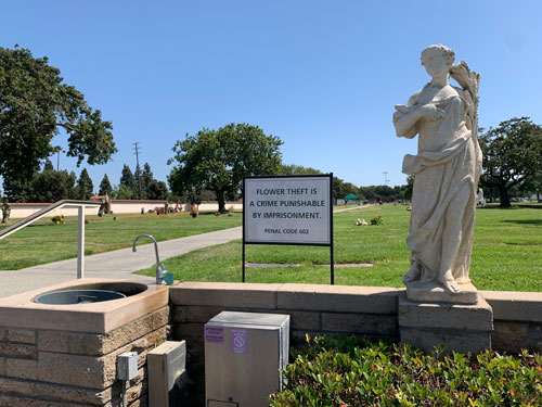 [Marble sculpture of a woman in a
classical style beside a facuet and a sign warning that "Flower theft is a crime
punishable by imprisonment"; beyond a low wall, a lawn covered with graves.]
