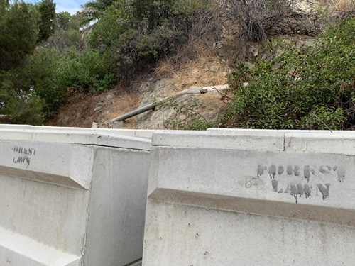 [Close-up of the concrete boxes
showing the words "Forest Lawn" stenciled onto them.]