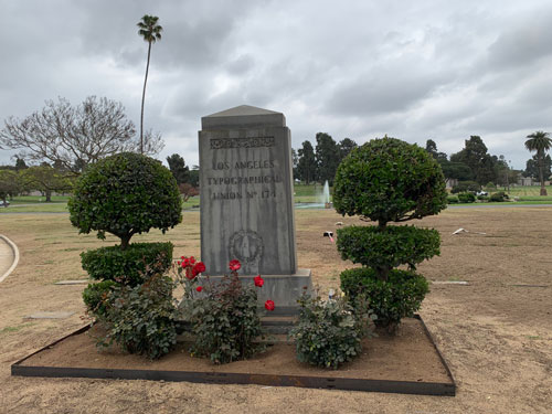 [Cenotaph cut with lettering that reads "Los
Angeles Typographical Union No. 174"]