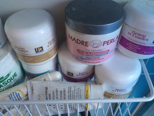 [Misc. photograph 55. Selection of skin-whitening creams in the bathroom of a close relative.]