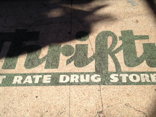 [Misc. photograph 56. Terrazzo sign
advertising a former Thrifty drug store, still set into the sidewalk at the
corner of 5th and Hill Street downtown.]