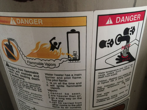 [Misc. photograph 62. Warning label on a household water heater.]