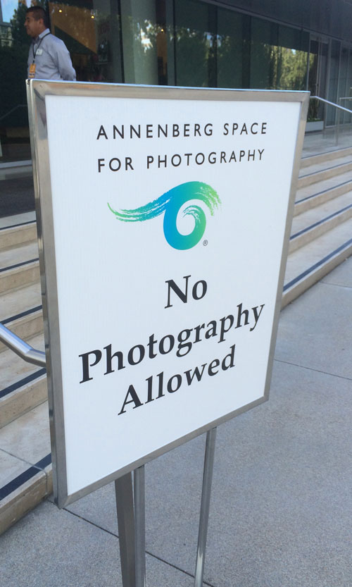 [Misc. photograph 68. Sign warns
visitors there is "No Photography Allowed" at the "Annenberg Space for
Photography" in Century City.]
