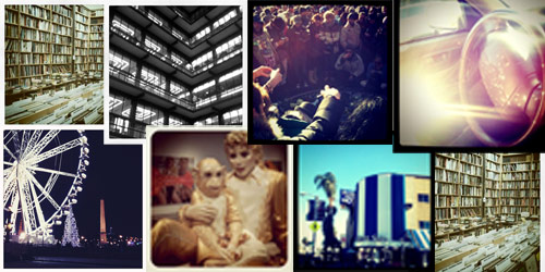 [Collage of digital photographs
processed to look like instant film in the manner typical of early days of the
Instagram app.]